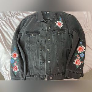 Dark gray denim jacket with flowers and rhinestones